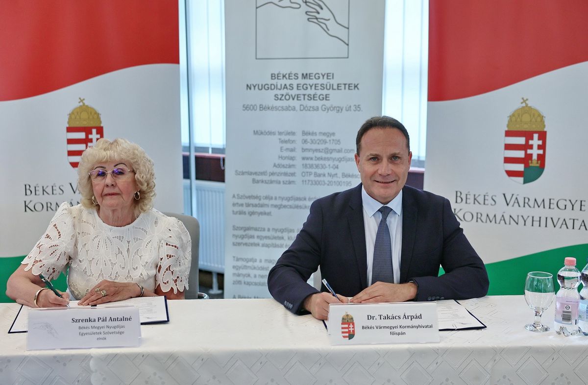 A Békés Megyei Nyugdíjas Egyesületek Szövetsége és a Békés Vármegyei Kormányhivatal együttműködési megállapodást kötött, a dokumentumot Szrenka Pálné elnök és dr. Takács Árpád főispán írta alá.